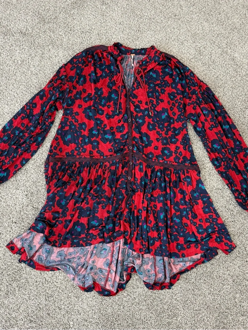 Free People Red Floral Print Button Front Mini Dress Boho Beach Oversize Size XS